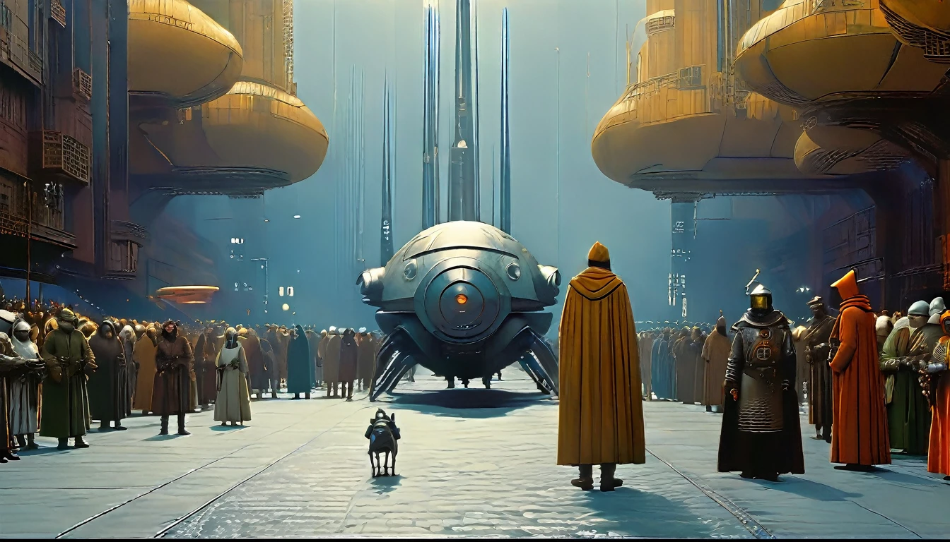 In portrait, characters inspired by the Start Wars universe by Ralph McQuarrie and Dan McPharlin, Wayne Barlowe in a Middle Ages setting, such as peoples interacting with robots, exotic alien beings, inspired by Hieronymus Bosch and Shaun Tan. Directed by George Lucas. ultra detailed, complex, sharp focus, object texture, studio photo, intricate details, highly detailed, Real Photo style, hyper-realistic, high dynamic range, rich colors, realistic textures, 8K uhd, high color depth, Nikon D 850, Kodak 400 port, fujifilm XT, (cinematic film:3.1)