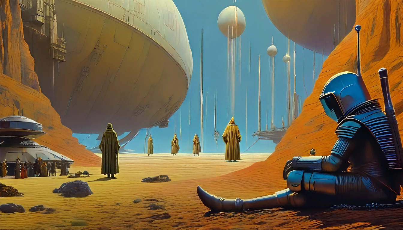 In portrait, characters inspired by the Start Wars universe by Ralph McQuarrie and Dan McPharlin, Wayne Barlowe in a Middle Ages setting, such as peoples interacting with robots, exotic alien beings, inspired by Hieronymus Bosch and Shaun Tan. Directed by George Lucas. ultra detailed, complex, sharp focus, object texture, studio photo, intricate details, highly detailed, Real Photo style, hyper-realistic, high dynamic range, rich colors, realistic textures, 8K uhd, high color depth, Nikon D 850, Kodak 400 port, fujifilm XT, (cinematic film:3.1)