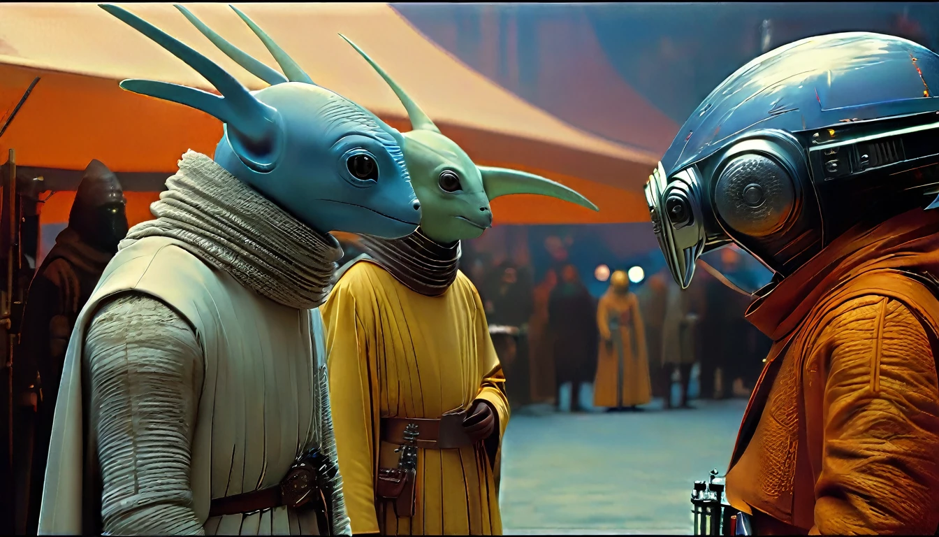 In portrait, characters inspired by the Start Wars universe by Ralph McQuarrie and Dan McPharlin, Wayne Barlowe in a Middle Ages setting, such as peoples interacting with robots, exotic alien beings, inspired by Hieronymus Bosch and Shaun Tan. Directed by George Lucas. ultra detailed, complex, sharp focus, object texture, studio photo, intricate details, highly detailed, Real Photo style, hyper-realistic, high dynamic range, rich colors, realistic textures, 8K uhd, high color depth, Nikon D 850, Kodak 400 port, fujifilm XT, (cinematic film:3.1)