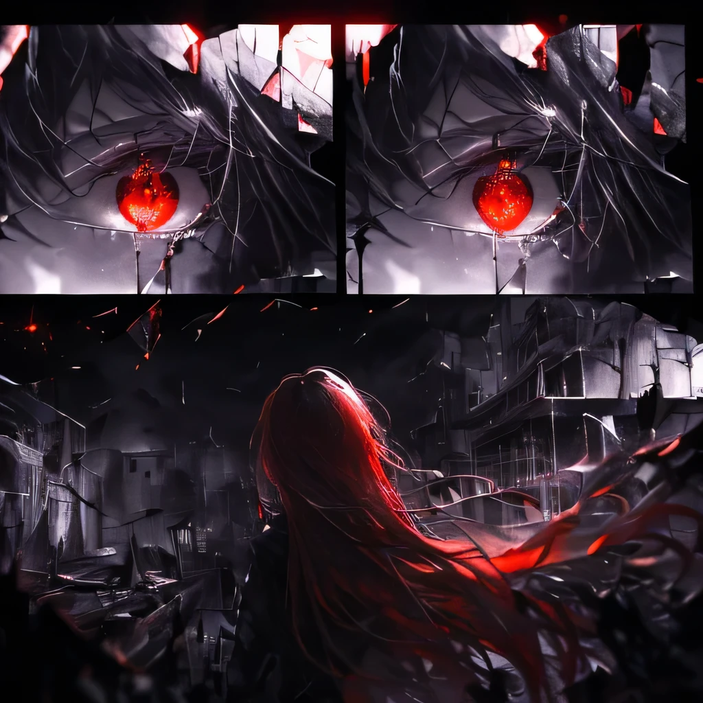 (masterpiece), (panels), (soft drops of blood, tears), ((dark colors 1.6)), (red glowing eyes), (blood splatters), blood floating), (long hair), (divided panels), (girls staring at viewer), (upper body), (upper face), ((shattered glass 1.3)), (glass shards floating in the air), (detailed hair), (emotionless), (fog 1.2), (well lit), (detailed lighting), (sharp focus:1.3), (focus at the face:1.3), (dystopian atmosphere), (glowing light), (torn buildings), ((ruins)), (fallen down pillars), (mist), (windy atmosphere), (chaos), (tears dripping from eyes), (tears blowing in the wind), (lighting from behind), ((hair blowing in the wind), (in the background there are eyes), (red eyes on the walls 1.3), ((seperate)), (particles floating in the air 1.2), (light reflecting off hair), ((detailed background)), (particles are in the background), (boy facing forward), (girl facing sideways), ((glowing red eyes)), (detailed eyes), (monitor panels) a boy 
