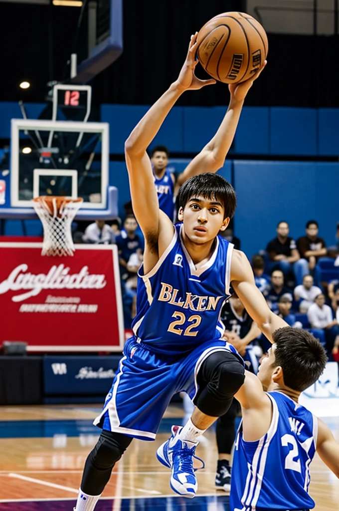 anime character basketball player with short stature and blue big eyes
