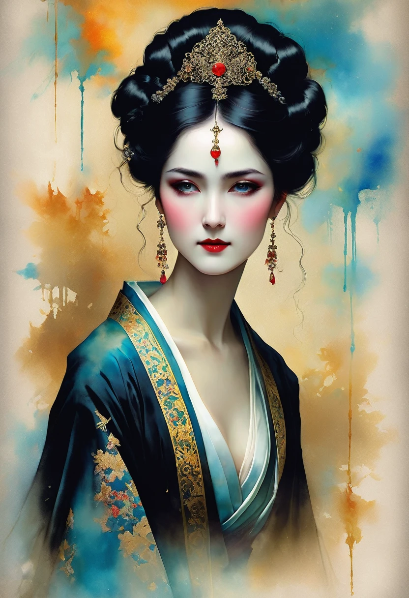 (full body:1.8), portrait of a beautiful empress, blue glowing eyes, imposing look, strong pose, porcelain skin, long black hair, ornate traditional robe, Harrison Fisher and Catrin Welz-Stein art style, vivid colors, highly detailed, cinematic lighting, dramatic pose, elegant, graceful, regal, intricate details, masterpiece, photorealistic, 8k, best quality