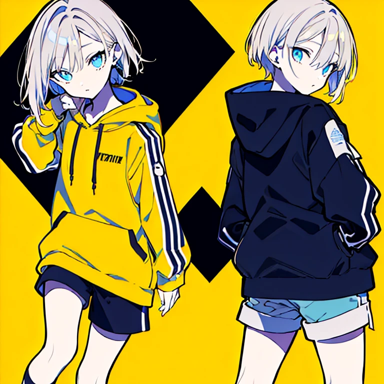 (masterpiece, Highest quality:1.6), alone, Thick outline, (Simple Background, Dark yellow background, Monochrome, Dark Yellow Theme:1.2), Official Art, Key Visual, 8K, Confused, whole body, (Unique Hairstyles, Oversized hoodie, Food, hot pants, Arched back, Short torso:1.2), Thighs, Cowboy Shot, High resolution, Sharp focus, High resolution, Most detailed, Very detailed, Very detailedな, finely, Detailed eyes and face, Sharp pupils, Realistic student, alone, Yellow and light blue contrast、Blue eyes、full body, standing,Shorts