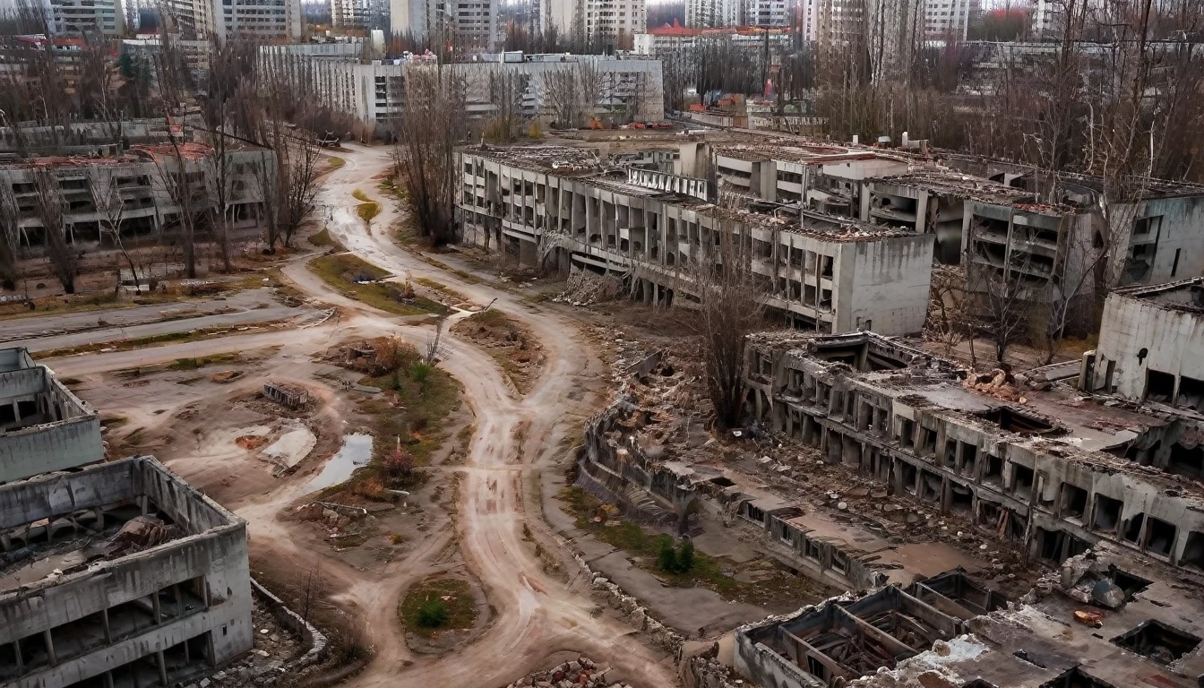 Cityscape, large modern city with several buildings. The whole city seems to be twisted and ravaged. The ground is distorted and forms several zones between several blocks of buildings. Some zones are raised in height others are lowered. The majority of buildings are destroyed and in ruins, the streets are partly destroyed and some areas are flooded. Crevices and chasms formed between several buildings creating fragments of land. There are several holes in the roads like in the buildings. The place seems deserted. [Ruins] [Modern City] [Urban Landscape] [Destruction] [Building] [Abandoned] [Outline]