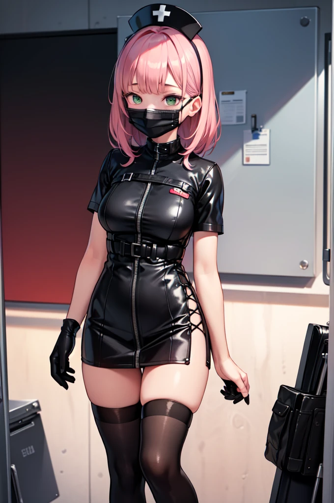 black nurse, 1girl, solo, black nurse cap, black nurse uniform, ((black legwear, zettai ryouiki)), black elbow gloves, pink hair, green eyes, drooping eyes, ((black surgical mask, covered nose)), standing, ((surgery room)), sharp outline, short sleeves, best quality, masterpiece