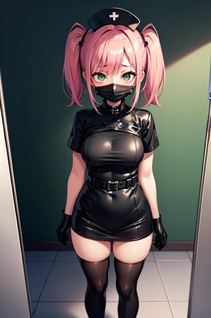 black nurse, 1girl, solo, black nurse cap, black nurse uniform, ((black legwear, zettai ryouiki)), black elbow gloves, pink hair, green eyes, drooping eyes, ((black surgical mask, covered nose)), standing, ((surgery room)), sharp outline, short sleeves, best quality, masterpiece