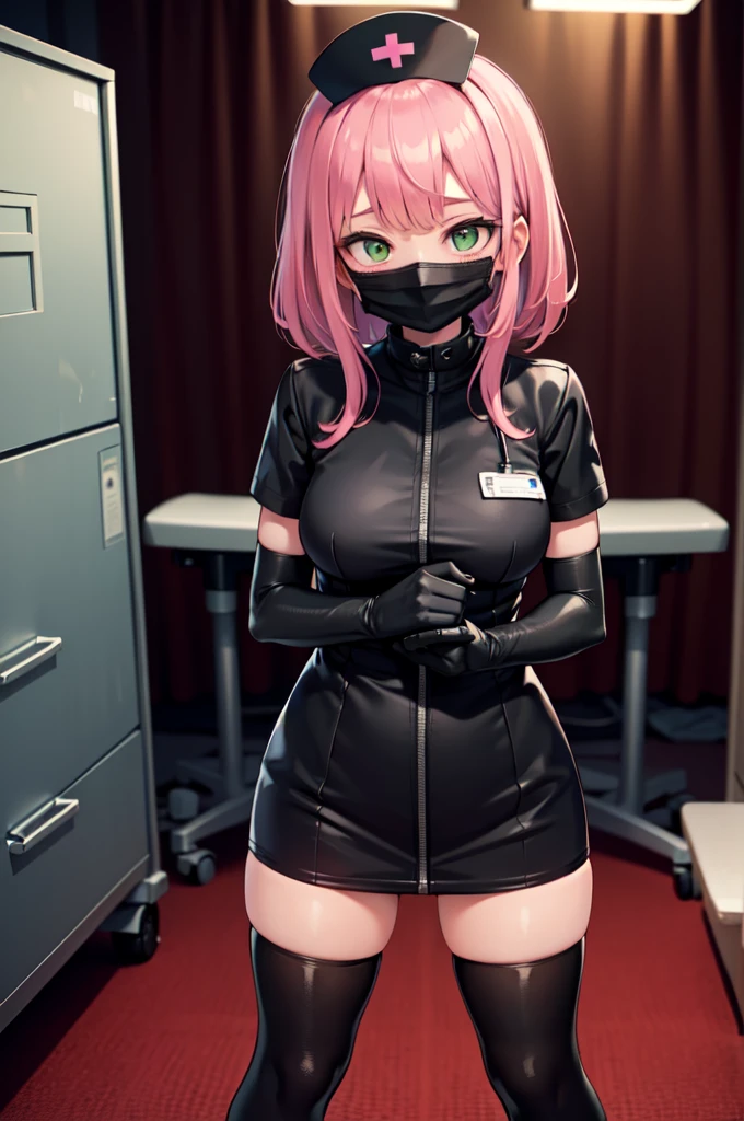black nurse, 1girl, solo, black nurse cap, black nurse uniform, ((black legwear, zettai ryouiki)), black elbow gloves, pink hair, green eyes, drooping eyes, ((black surgical mask, covered nose)), standing, ((surgery room)), sharp outline, short sleeves, best quality, masterpiece