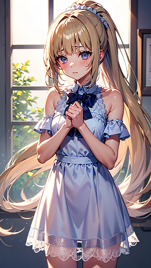 kei Karuizawa, blonde, long ponytail, violet eyes, wavy hair wearing a light, white lace nightgown with a blue bow in the center. The girl should have a thoughtful expression, blush on her cheeks, and be standing in a softly lit room with a serene atmosphere. Include delicate details like lace and soft shadows to enhance the overall gentle and dreamy ambiance