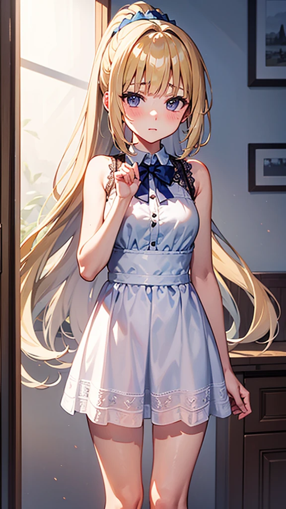 kei Karuizawa, blonde, long ponytail, violet eyes, wavy hair wearing a light, white lace nightgown with a blue bow in the center. The girl should have a thoughtful expression, blush on her cheeks, and be standing in a softly lit room with a serene atmosphere. Include delicate details like lace and soft shadows to enhance the overall gentle and dreamy ambiance