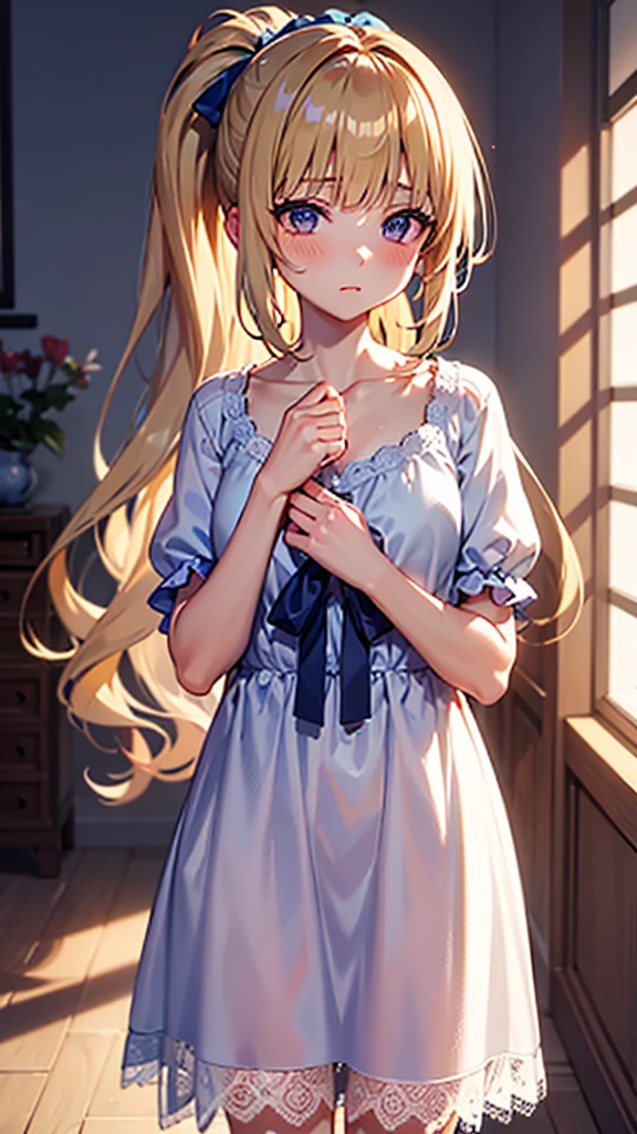 kei Karuizawa, blonde, long ponytail, violet eyes, wavy hair wearing a light, white lace nightgown with a blue bow in the center. The girl should have a thoughtful expression, blush on her cheeks, and be standing in a softly lit room with a serene atmosphere. Include delicate details like lace and soft shadows to enhance the overall gentle and dreamy ambiance