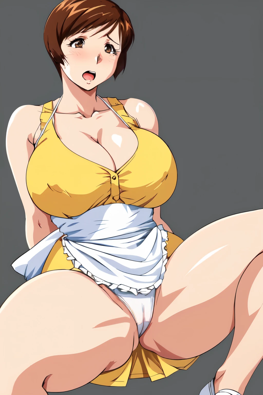 masterpiece, highest quality, High resolution, One girl, solo, sexual intercourse, Pornographic images, short hair, etsukoto, brown Eyes, fine grain, fine grain, (((Thick thighs, Plump thighs, Voluptuous thighs, Thighs alone are enough))), Huge and ample breasts, Cleavage, big long breasts, Naughty big,((big breasts are important))、((Naughty thighs)), L Cup, (thin:1.4),(Tight waist:1.4),  (yellow micro dress:1.4), ((white waist apron)), anguish, open mouth, blush, white panties,  (((Simple Background))), ((Wide Hips)), Shiny, Oily skin, Mature mother, Calf, Seductive mature woman, milf, Perfect body, Plus Size Model, curvy, ample, etsukoto, blush, clavicle, retro artstyle, 1990s (style), (thick thighs:1.4), Bare legs, spread legs, ((arms behind back)),