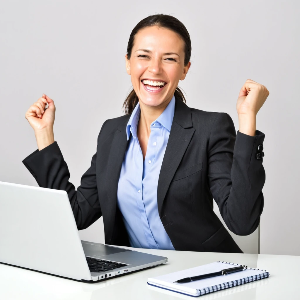 happy businesswoman, Grinning, Celebrating, olhando para seu notebook.