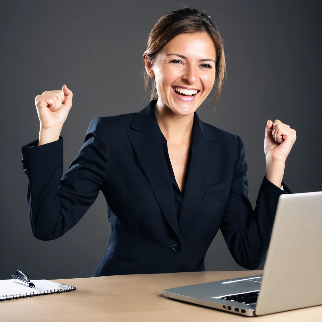 happy businesswoman, Grinning, Celebrating, olhando para seu notebook.