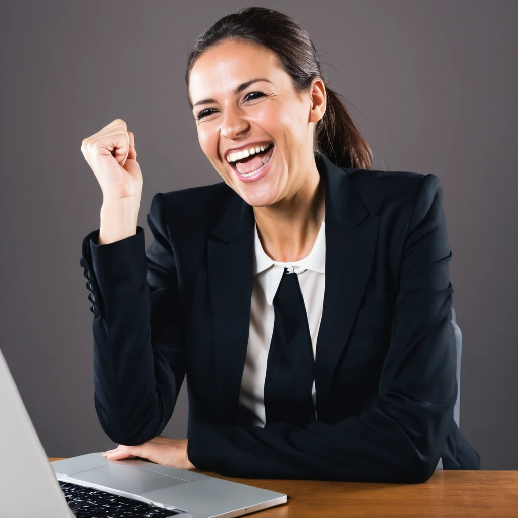 happy businesswoman, Grinning, Celebrating, olhando para seu notebook.