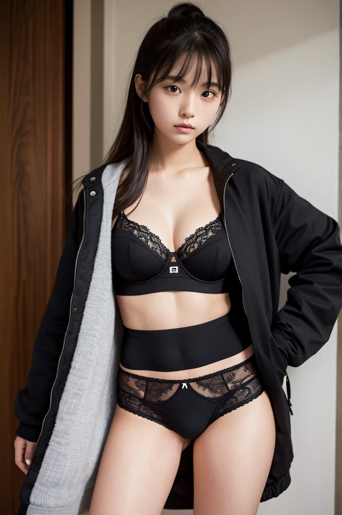 Photo of a 20 year old woman, Perfect Face, masterpiece, good, underwear, black_good, Jacket, black_panties