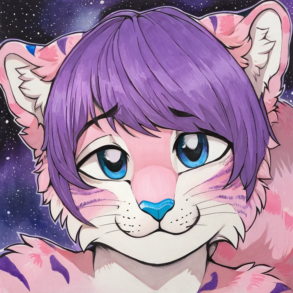 Single, solo, adult, feline, mammal, anthro, anthropomorphic, snow_leopard, cat, striped_feline, fur, furred_anthro, fluffy_tail, femboy, male, bangs, ear_tufts, blue_nose, hair_tuft, hair_between_eyes, long_tail, fluffy, feline_ears, expressive_eyes, purple_hair, gradient_galaxy, pinkish_purple_galaxy_background, light, looking_at_viewer, pink_hair, pink_fur, shy, small_pupils, spotted_pattern, stripes, tail, tiger_stripes, traditional_art, hand-drawn, pencil_lines, ink_details, natural_imperfections, brush_strokes, textured_shading, detailed_line_work, high_resolution, background, head_visible, neck_visible, profile_picture, seductive_face, headshot, close_up