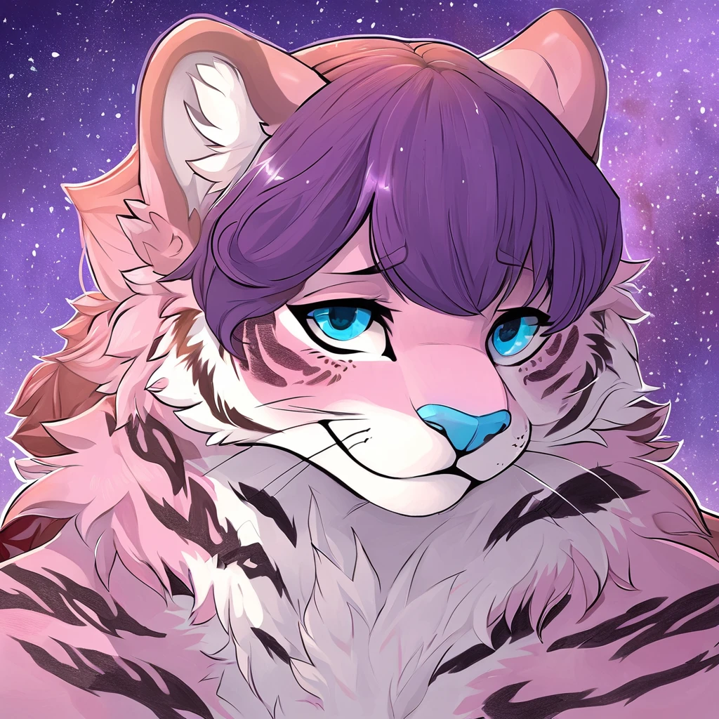 Single, solo, adult, feline, mammal, anthro, anthropomorphic, snow_leopard, cat, striped_feline, fur, furred_anthro, fluffy_tail, femboy, male, bangs, ear_tufts, blue_nose, hair_tuft, hair_between_eyes, long_tail, fluffy, feline_ears, expressive_eyes, purple_hair, gradient_galaxy, pinkish_purple_galaxy_background, light, looking_at_viewer, pink_hair, pink_fur, shy, small_pupils, spotted_pattern, stripes, tail, tiger_stripes, traditional_art, hand-drawn, pencil_lines, ink_details, natural_imperfections, brush_strokes, textured_shading, detailed_line_work, high_resolution, background, head_visible, neck_visible, profile_picture, seductive_face, headshot, close_up