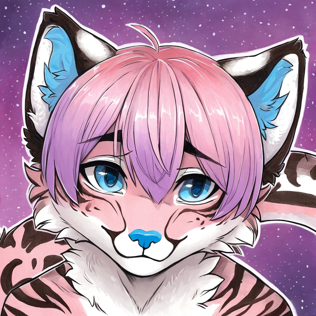 Single, solo, adult, feline, mammal, anthro, anthropomorphic, snow_leopard, cat, striped_feline, fur, furred_anthro, fluffy_tail, femboy, male, bangs, ear_tufts, blue_nose, hair_tuft, hair_between_eyes, long_tail, fluffy, feline_ears, expressive_eyes, purple_hair, gradient_galaxy, pinkish_purple_galaxy_background, light, looking_at_viewer, pink_hair, pink_fur, shy, small_pupils, spotted_pattern, stripes, tail, tiger_stripes, traditional_art, hand-drawn, pencil_lines, ink_details, natural_imperfections, brush_strokes, textured_shading, detailed_line_work, high_resolution, background, head_visible, neck_visible, profile_picture, seductive_face, headshot, close_up