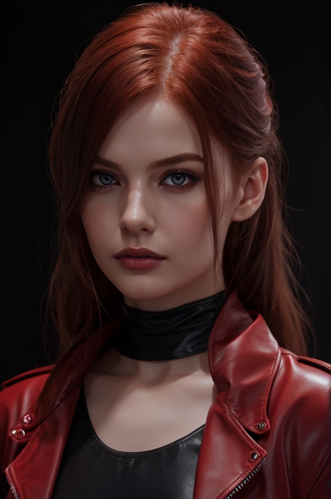 woman with medium-hair ,Auburn-red-hair, pale,soft body,eyeliner,portrait, beautiful woman, beautiful female ,beautiful ,eyeliner , elegant, digital painting, smooth, dramatic lighting, ultra realistic, 8k, art , blur backgrond, black background ,black background,black wallpaper,wearing red leather jacket