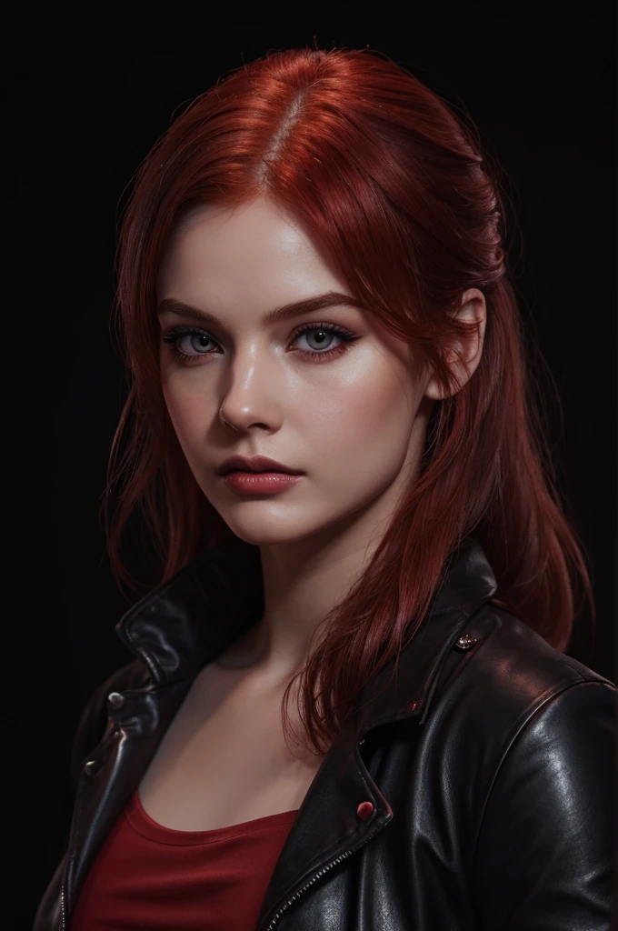 woman with medium-hair ,Auburn-red-hair, pale,soft body,eyeliner,portrait, beautiful woman, beautiful female ,beautiful ,eyeliner , elegant, digital painting, smooth, dramatic lighting, ultra realistic, 8k, art , blur backgrond, black background ,black background,black wallpaper,wearing red leather jacket