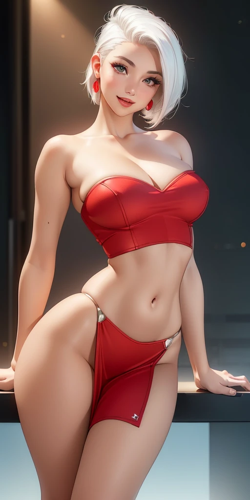 (best qualityer, ultra detali, photorrealistic: 1.39), 2b a 29 year old woman, bright and vibrant colors, studio lighting, romantic expression, sorriso sexy, short red dress, white hair with platinum undercut, breasts big, adjusting, shorth hair, mercenary