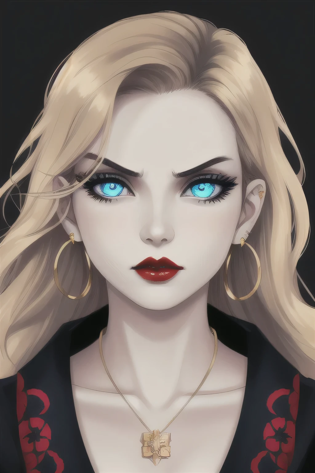 goth girl woman, pale skin, Red lips, Japanese explosion, high quality, Blue eyes, simple background, dark background, serious look, black clothes, necklace, detailed face, detailed eyes, Golden hair, eyelashes, earrings, portrait,