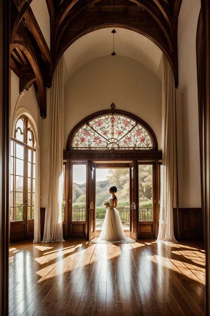 A grand, elegant ballroom with a beautiful floral archway and sheer curtains. Sunlight streams through the large window, illuminating the dusty wooden floors. There is a romantic and whimsical atmosphere. The image is stylized to look like a photograph from a fairytale.