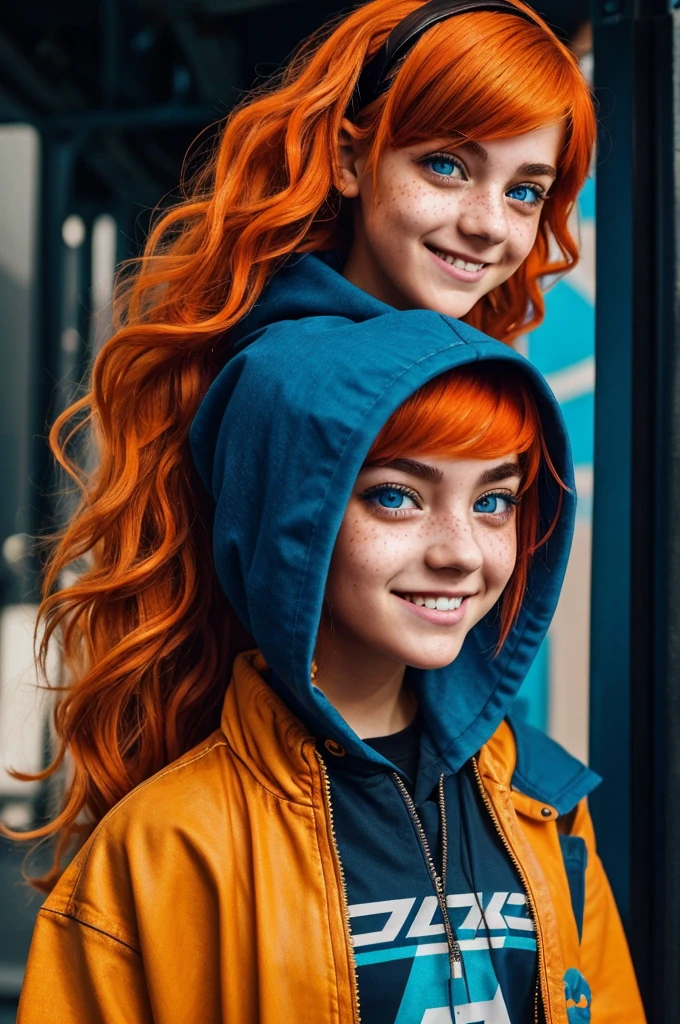 imagine a girl in cyberpunk style. her hair is orange and very wavy but short. She has big blue eyes, a tooth gap, very thick eyebrows and a cute smile. Her face is covered in freckles. Her clothes are very colorful.