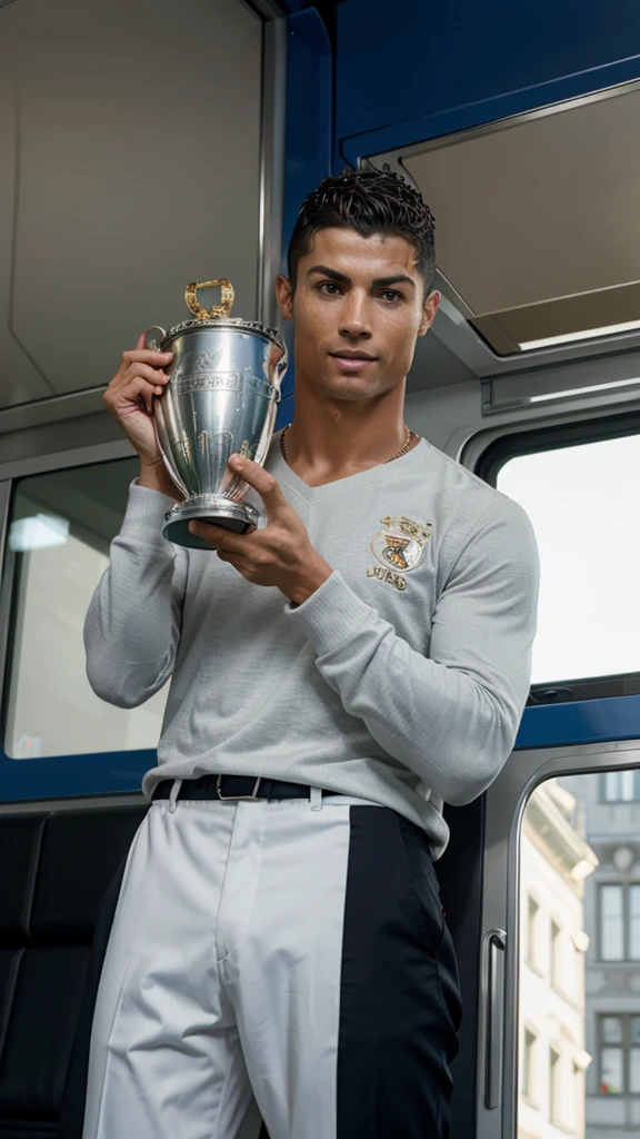 Cristiano Ronaldo holding the Euro 2024 cup on top of a bus in Munich. Photorealistic