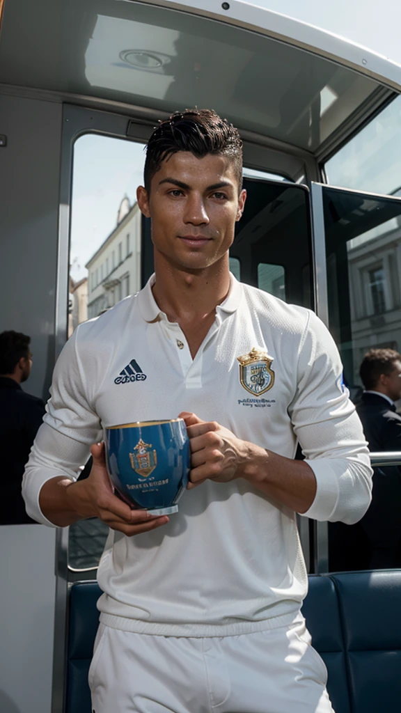 Cristiano Ronaldo holding the Euro 2024 cup on top of a bus in Munich. Photorealistic
