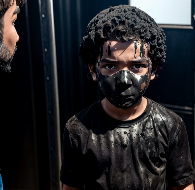 Boy covered in soot after being caught in explosion during filming of comedy movie
