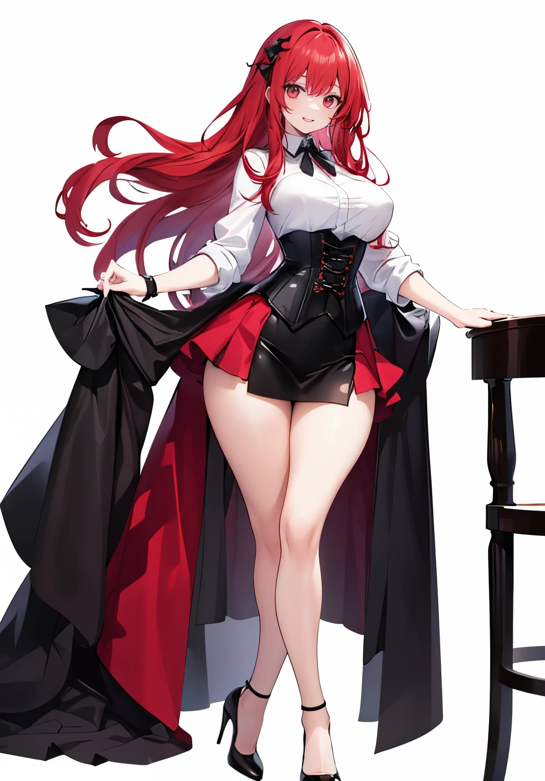 red hair whih white highlight ,voluminous long hair,Adult female,((Roll up your sleeves)),(Corset),(Tight skirt),(high heels),((Simple White background)),Smile,((Full body)),((whole body))