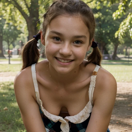 12 year old girl with medium length brown hair, children's pigtails hair, Caucasian facial structure, a beautiful smile on her face and a deep look, she wearing a button down shirt, bare shoulders, she in a alley, full body view