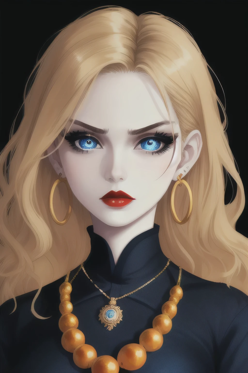 goth girl woman, pale skin, Red lips, Japanese explosion, high quality, Blue eyes, simple background, dark background, serious look, black clothes, necklace, detailed face, detailed eyes, Golden hair, eyelashes, earrings, portrait,