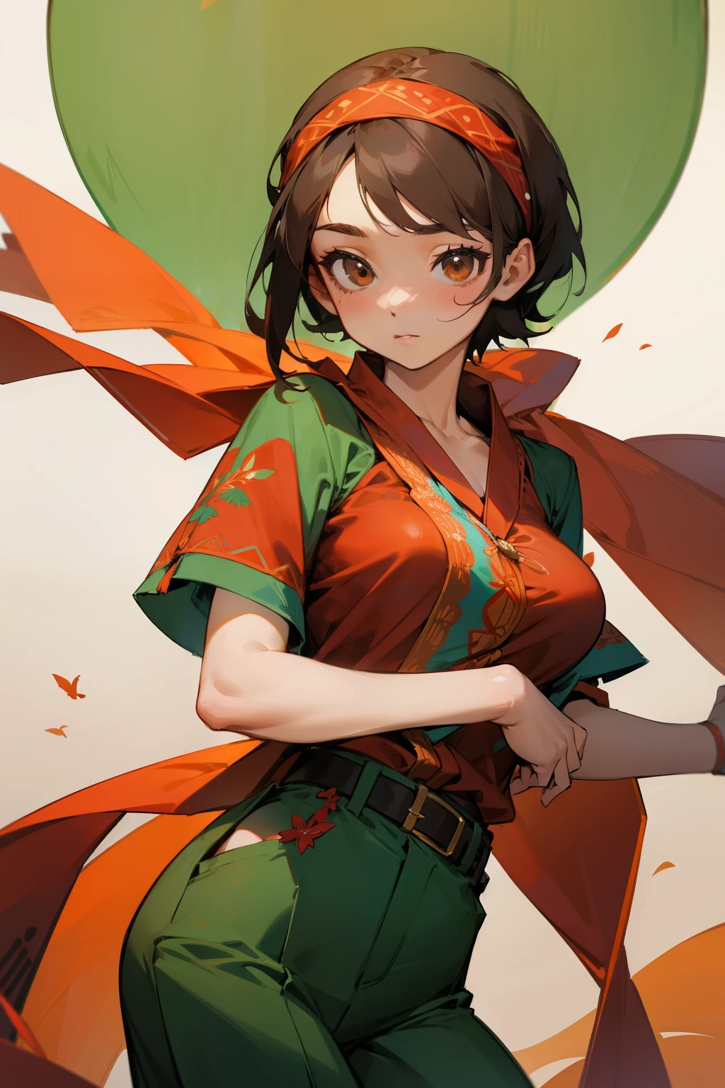 Cute girl, shawl and headband, brown eyes, red short-sleeved shirt, short green pants, big breasts, decorations and embroidery on clothes, black belt.