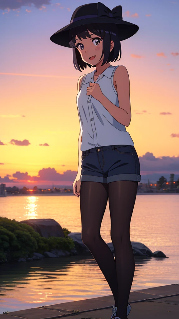 shinkai makoto, kimi no na wa., 1girl, bangs, black hair, blush, bright eyes, brown eyes, looking at the viewer, casual clothes, black bonnie hat, white shirt, bare shoulders, blue shorts, black pantyhose, short hair, solo, outdoors, shinny skin, smile, open mouth, evening, sunset, sunset sky, summer_season, scenery