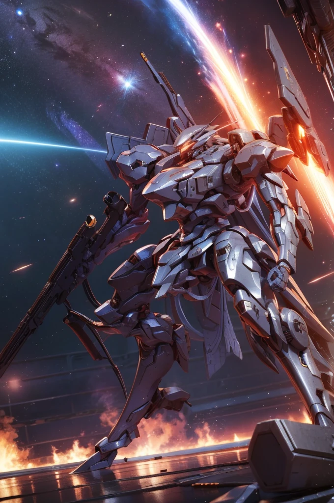 (Obra de arte, melhor qualidade:1.5).Mech branco e azul com detalhes dourados, médio, segurando uma sniper azul grande. Extremely detaild, 8K, HDR, naturallight, cinematic lighting, masterpiece-anatomy-perfect, Ultra HD, (Space Combat:1.5, Battlefield:1.5), RAW photo, metallic, professional, ultra-fine painting, perfect body proportions, anatomically correct, uhd, real texture material, Anti-Aliasing, FKAA, TXAA, SSAO, Post Processing, Post Production, Tone Mapping, CGI, VFX, SFX, Hyper maximalist, Volumetric, ultra photorealultra-detailed intricate details.