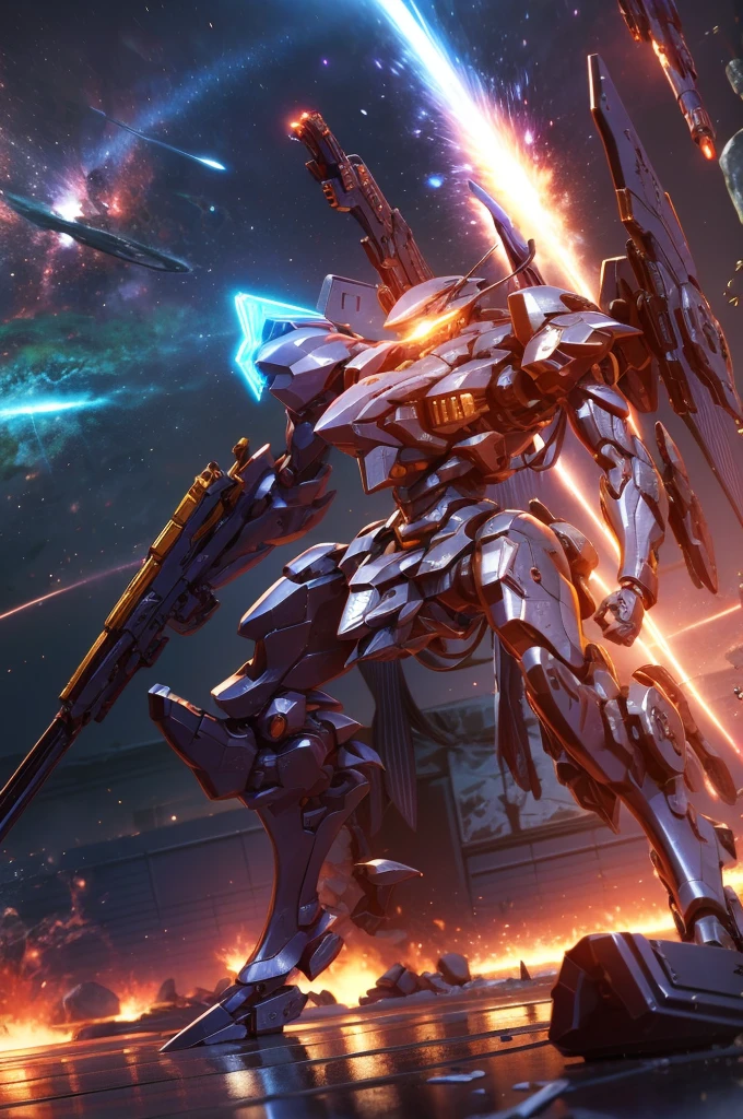 (Obra de arte, melhor qualidade:1.5).Mech branco e azul com detalhes dourados, médio, segurando uma sniper azul grande. Extremely detaild, 8K, HDR, naturallight, cinematic lighting, masterpiece-anatomy-perfect, Ultra HD, (Space Combat:1.5, Battlefield:1.5), RAW photo, metallic, professional, ultra-fine painting, perfect body proportions, anatomically correct, uhd, real texture material, Anti-Aliasing, FKAA, TXAA, SSAO, Post Processing, Post Production, Tone Mapping, CGI, VFX, SFX, Hyper maximalist, Volumetric, ultra photorealultra-detailed intricate details.