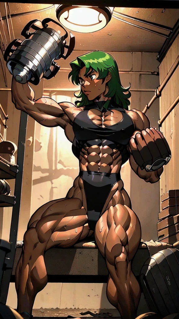 (athletic muscular body), {{{(((african american)))}}}, {{{((( (glossy) (smooth) ((dark brown skin)) )))}}}, (((pro wrestler))), (((kunoichi))), {{{(((24-year-old)))}}}, {{{(((young woman)))}}}, (((tomboy))), (((stoic))), (((determined))), (((focused))), (((wolflike))), ( ((messy)) ((curly)) (((long))) (dark mint green hair) ), (big intense (silver eyes) ), (small breasts), toned abs, {{{(((strong leg muscles)))}}}, toned biceps, toned forearms, toned deltoids, toned triceps, toned erector spinae, toned rhomboids, toned hamstring muscles, firm muscular glutes ,{{{(((strong back muscles)))}}}, (((thick muscular trapezius))), (((big muscular latissimus))), toned quadriceps, toned gastrocnemius, toned soleus, amazing ass, nipples, cameltoe, (((wearing a ( skintight (black) (leotard) ) ))), {{{(((bare legs)))}}}, (sweating), (sweat), {{{(((in a (dark dim (basement) ) )))}}}, {{{(((night)))}}}, {{{(((sitting on a (workout bench) )))}}}, {{{(((bicep curl)))}}}, {{{(((holding a (giant heavy silver (dumbbell) ) in (one hand) )))}}}, {{{(((dim lighting)))}}}, {{{(((under a (hanging ceiling light) )))}}}, {{{(((great anatomy)))}}}, {{{(((high muscle mass)))}}}, {{{(((well-trained muscles)))}}}, {{{(((well-toned muscles)))}}}, {{{(((best quality)))}}}, {{{(((atmospheric)))}}}, {{{(((masterpiece)))}}}, {{{(((full shot)))}}}, {{{(((90s anime)))}}}