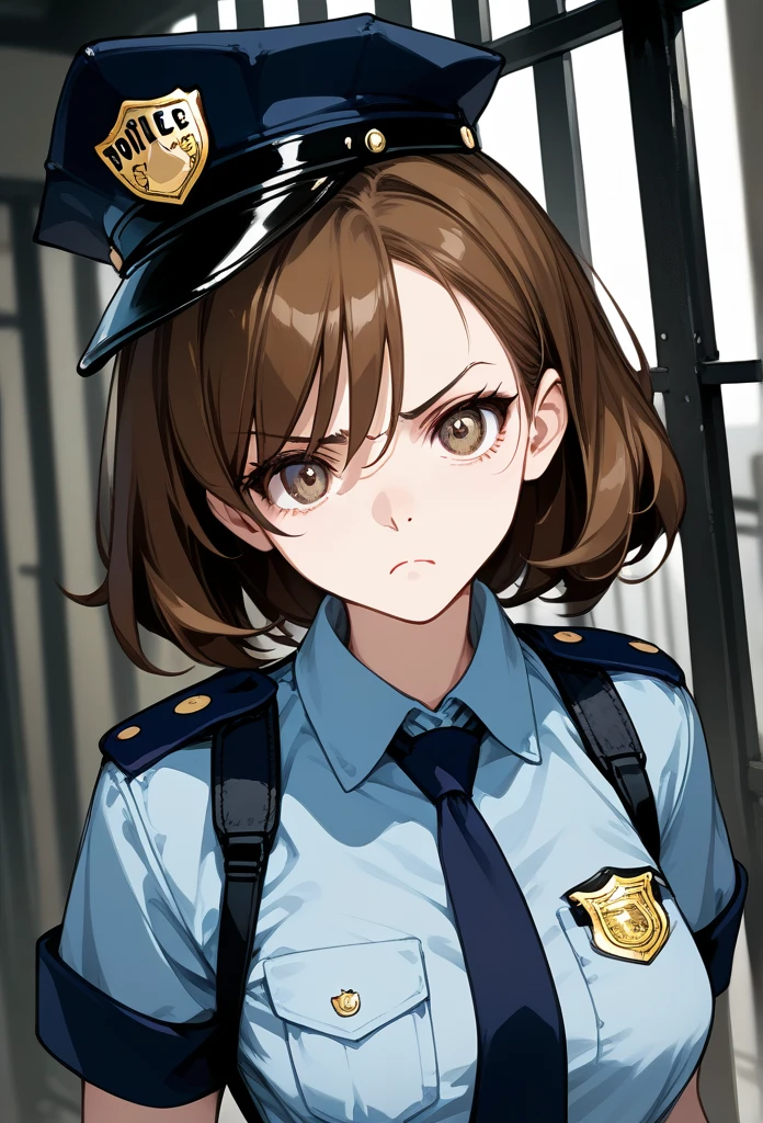 masterpiece, best quality, mature woman, mature face, bob hairstyle, brunette hair, mature face, hot face, sharp eyes, medium breasts, curvy body, hazel eyes, police outfit, looking at viewer, tough appearance, prison cell, jail cell, (looking serious), intimidating face, glaring eyes