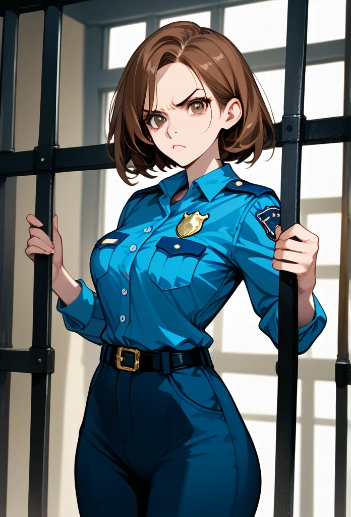 masterpiece, best quality, mature woman, mature face, bob hairstyle, brunette hair, mature face, hot face, sharp eyes, medium breasts, curvy body, hazel eyes, police outfit, looking at viewer, tough appearance, prison cell, jail cell, (looking serious), intimidating face, glaring eyes