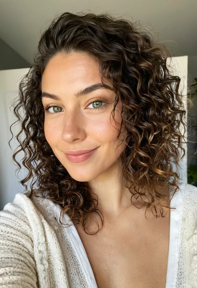 selfie instagram , une femme magnifique de 25 ans , léger sourire , visage et yeux détaillés , Éclairage naturel , à la maison , cheveux bouclés, porter un costume ajusté, grain de film, faible contraste, visage naturel , barbe, cheveux noirs , yeux verts