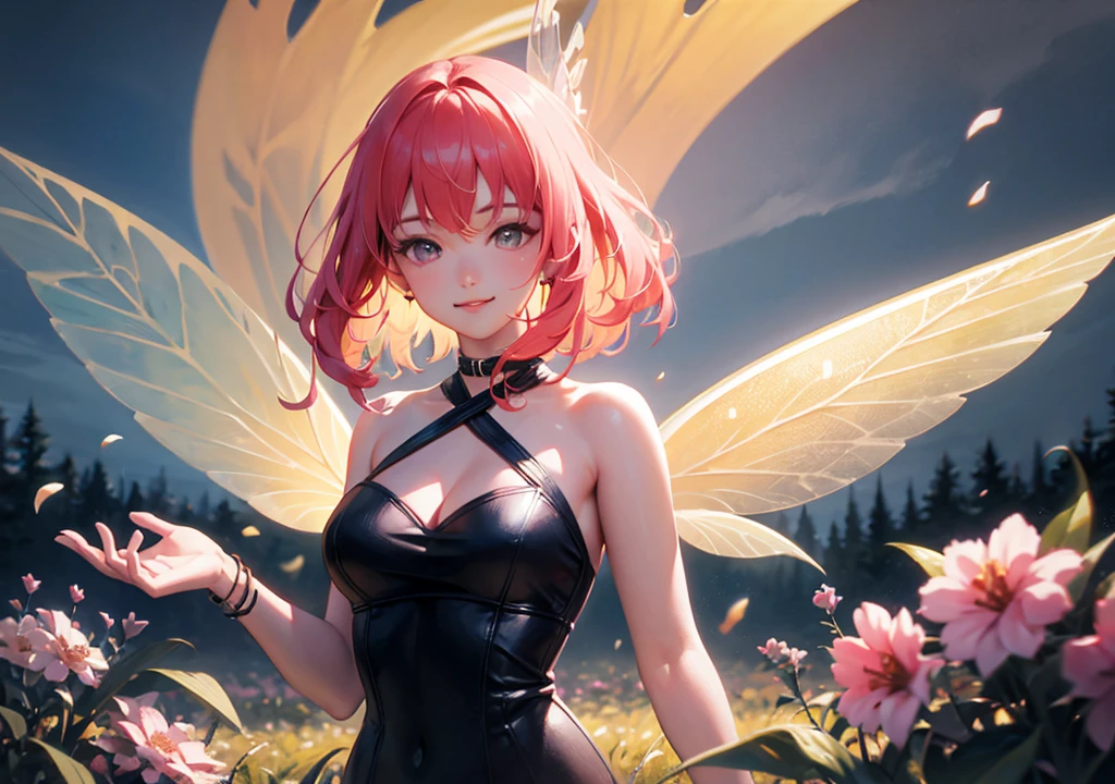(((Masterpiece))), unique art, super detailed, 1girl, pink bodysuit, ((super cute face)), ((angelic face)), kawaii wings, ((incredibly beautiful eyes)), (glowing eyes), (full body), (multicolored hair), (high ponytail), (delicate and perfect hands), (perfect ???????), super delicate and sexy body, sexy pose, ((ulzzang)), (super thin face), delicate features, ultra detailed, best quality, cinematic lighting, Captivating beauty, sexy look, bottom of hearts --auto