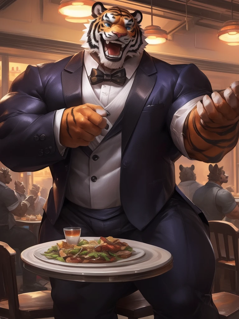 lindong, a man with a muscle, furry tiger wearing ((tuxedo:1.2)), waiters, restaurant, ((muscular, sixpack)), happy, laugh, bearded , thicc, lowres, danbooru and artstation, heavy detailed, insanely inflated hips, proportionally arms, commission for high res, detailed but rough, semirealistic:1.3