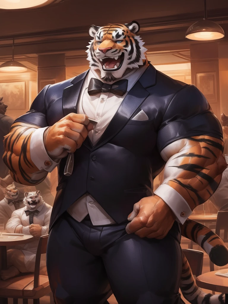 lindong, a man with a muscle, furry tiger wearing ((tuxedo:1.2)), waiters, restaurant, ((muscular, sixpack)), happy, laugh, bearded , thicc, lowres, danbooru and artstation, heavy detailed, insanely inflated hips, proportionally arms, commission for high res, detailed but rough, semirealistic:1.3