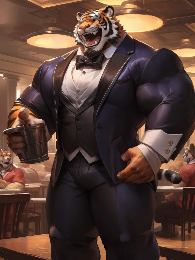 lindong, a man with a muscle, furry tiger wearing ((tuxedo:1.2)), waiters, restaurant, ((muscular, sixpack)), happy, laugh, bearded , thicc, lowres, danbooru and artstation, heavy detailed, insanely inflated hips, proportionally arms, commission for high res, detailed but rough, semirealistic:1.3
