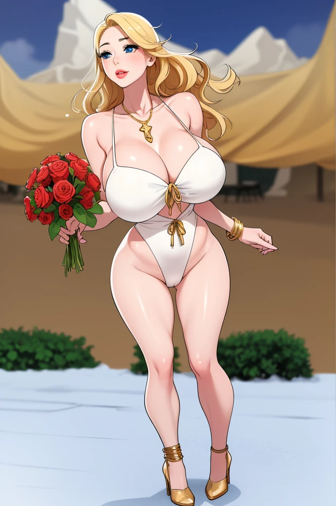 An extremely beautiful stunning woman with a perfect body, gold blonde long silky hair, big blue eyes, extremely super bright snow white fair stunning flawless glowing lush shiny flawless white skin, a perfect tight hourglass figure, and a skinny waist, sexy ck smooth luscious legs and thighs, extremely cute smile on the face, bright pink blushes on cheeks, wearing a short sexy tigrevealing white bikini with threads, yellow heels, gold necklace on the neck, gold anklets on feet, gold chain on the waist, standing straight, holding a red roses bouquet, beach in the background, show full body from head to feet.