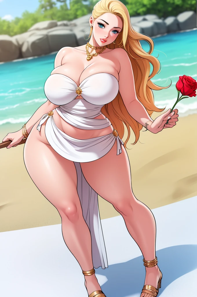 An extremely beautiful stunning woman with a perfect busty body, gold blonde long silky hair, big blue eyes, extremely super bright snow white fair stunning flawless glowing lush shiny flawless white skin, a perfect tight hourglass figure, and a skinny waist, sexy thick smooth luscious legs and thighs, extremely cute smile on the face, bright pink blushes on cheeks, wearing a short sexy tight revealing white bikini with threads, yellow heels, gold necklace on the neck, gold anklets on feet, gold chain on the waist, standing straight, holding a red roses bouquet, beach in the background, show full body from head to feet.