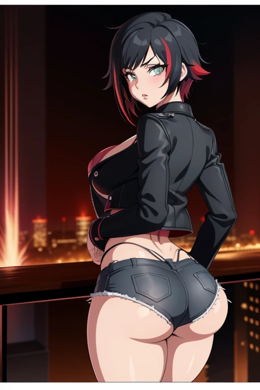 20 year old woman, busty, large breasts, bubble butt, hourglass figure, skinny, blushing, scared expression, horny, seductive, short hair, black hair, red streaked hair, bangs, wearing, biker jacket, cropped leather jacket, red tank top, black denim hotpants, booty shorts, transparent stockings, tight fitting clothing, cleavage, flat colours, anime, ecchi anime style, at rave, nightclub, heavy makeup, kissable lips, punk, punk style, punk hair, hentai, manga, ahegoe, random porn pose, ruby rose, rwby, aerith FF7, Aerith Gainsborough