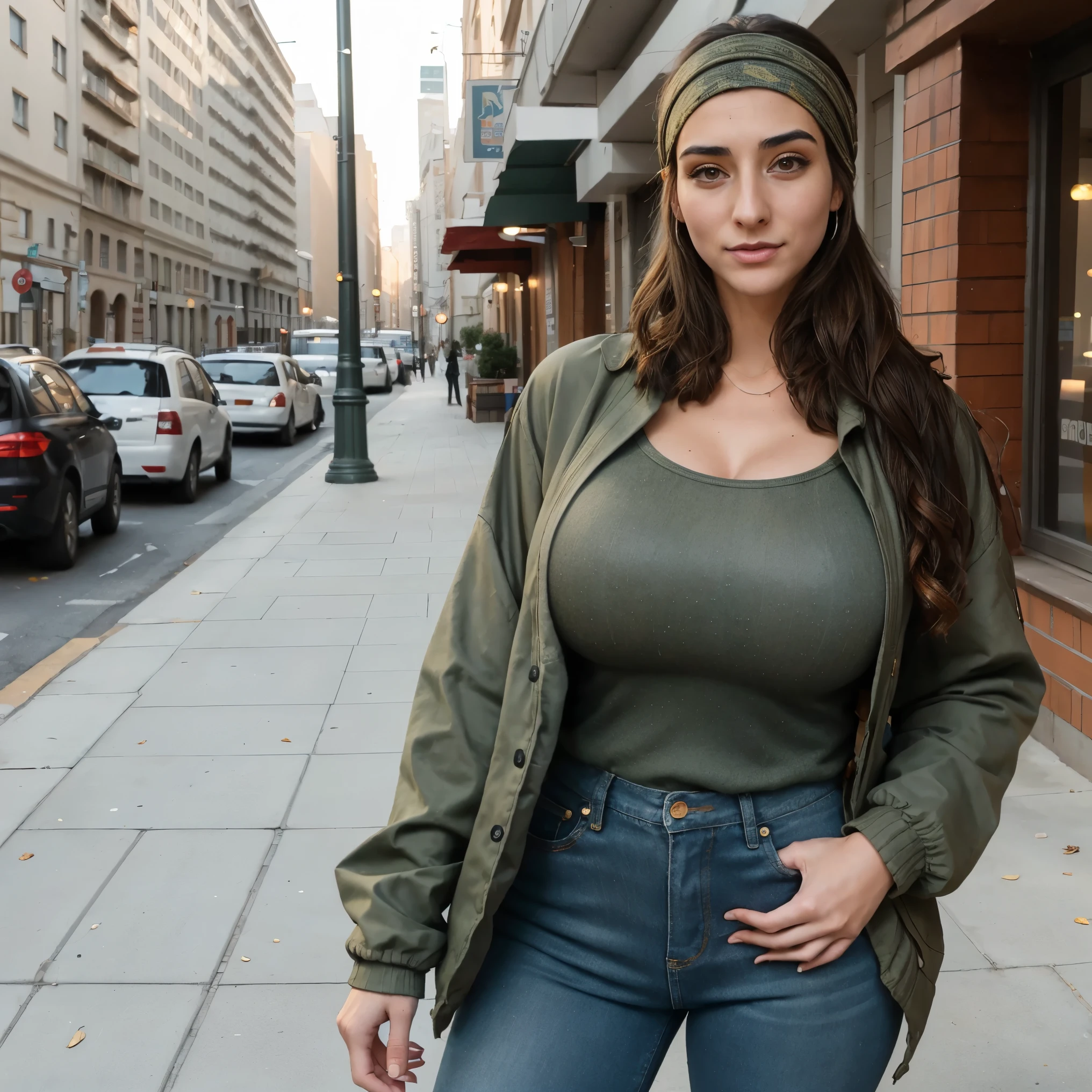 Extremely busty thin and toned brunette photographer, college girl, fair skin, loose side sweep, soft face, athletic, bandana babushka headwrap, tight olive green casual windbreaker, skinny jeans. standing in front of her apartment building, outdoors, city, camera bag, cleavage